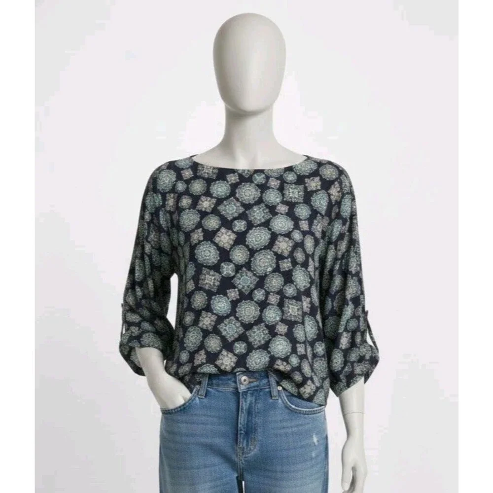 Women's Michael Kors Boho Top Size XLarge Shirt Navy Turquoise Casual Dressy